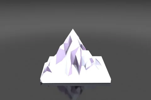 Low-poly stylized mountain peak diorama with faceted snow caps and angular 3D model preview