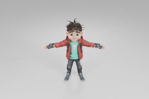 Stylized cartoon boy with spiky dark hair stands smiling with arms wide open 3D model preview