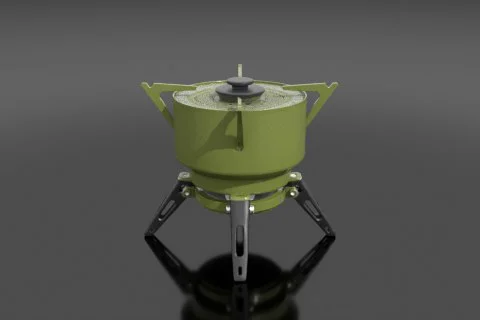 Compact folding camp stove in matte olive-green steel with fold-out legs and 3D model preview