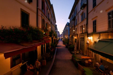 Narrow street in a European city at night 3D model preview