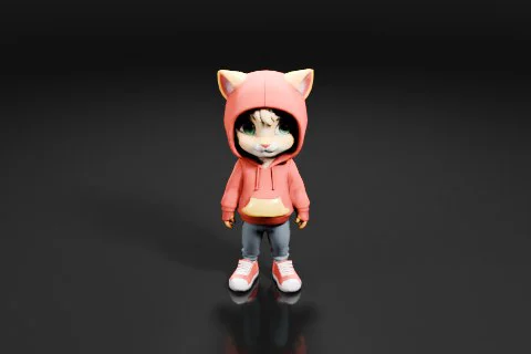 Small figurine of a cat wearing a pink hoodie with a cat's head on top 3D model preview