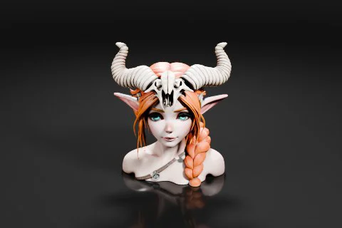 Bust of a woman with long orange hair and horns on her head 3D model preview