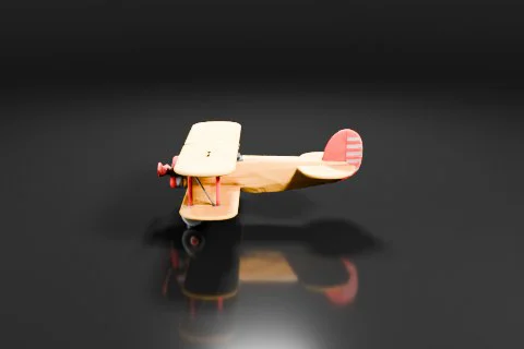 Small vintage biplane with a yellow and cream body, red propeller, and round 3D model preview