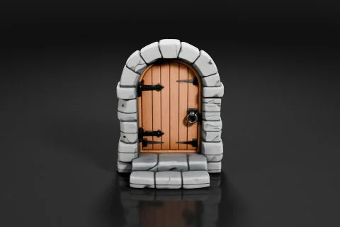 Small stone archway with a wooden door in the center 3D model preview