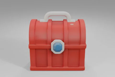 Bright red treasure chest with a curved lid and white handle, decorated with 3D model preview