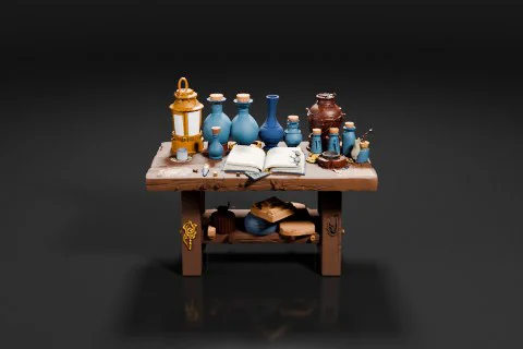 Wooden table with a variety of decorative items on it 3D model preview
