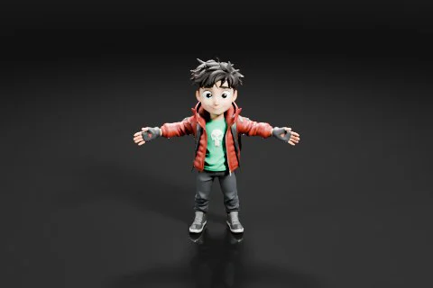 Toy figure of a young boy with black hair and a red jacket 3D model preview