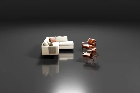 Beige sectional sofa, abstract wall art, wooden sideboard, brown leather 3D model preview