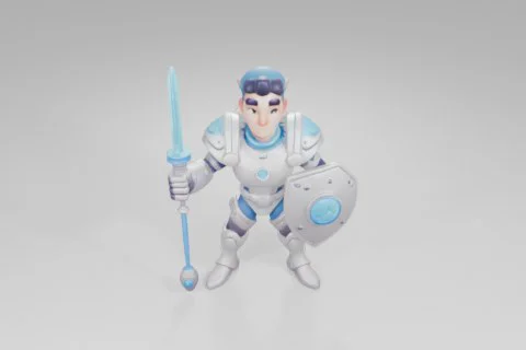 Determined cartoon knight stands confidently with a glowing blue sword and 3D model preview