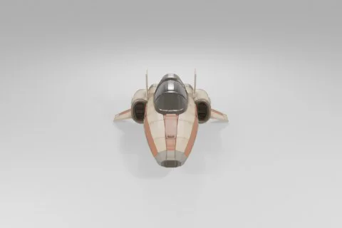 Futuristic spacecraft with a red and beige striped body is shown from the 3D model preview