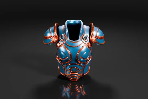Glossy blue and orange armored chest plate features geometric accents and 3D model preview