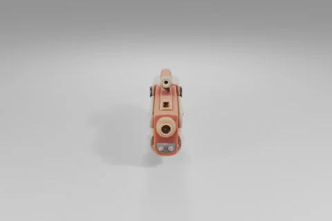 Stylized toy blaster features a chunky red and beige body with playful 3D model preview