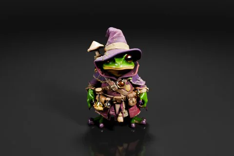 Green frog wearing a purple witch hat and a purple robe 3D model preview