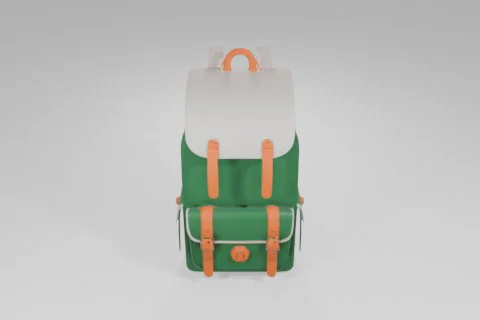 Green backpack featuring a large front flap, bright orange straps, a front 3D model preview