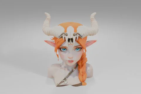 Wide-eyed character with vivid blue eyes, pointed ears, orange braided hair 3D model preview