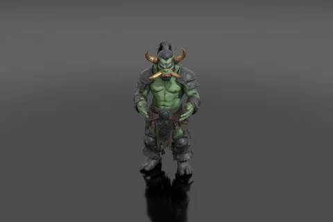 Stocky orc marauder in scavenged iron plate armor, tusked jaw and warpaint 3D model preview