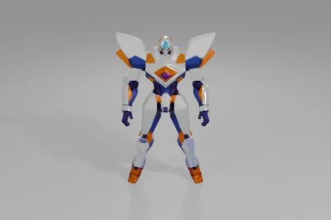 Futuristic humanoid robot clad in white, blue, and orange armor stands 3D model preview
