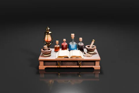 Wooden alchemist’s workbench is covered with glass bottles, vials, blue and 3D model preview