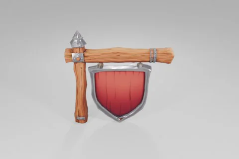 Axe with a wooden handle and a metal shield attached to it 3D model preview
