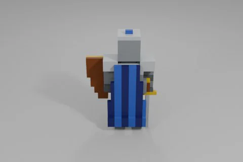 Medieval knight in polished silver armor stands upright with a blue cape 3D model preview