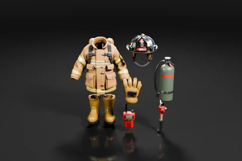 Toy figure of a firefighter wearing a full-body uniform with a helmet and a 3D model preview