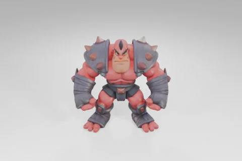 Muscular cartoon warrior with bright red skin and a fierce expression stands 3D model preview