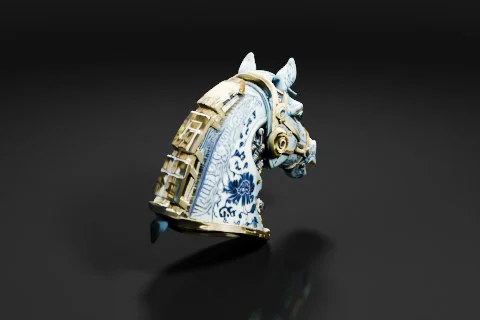 Close-up of a decorative object in the shape of a horse's head 3D model preview