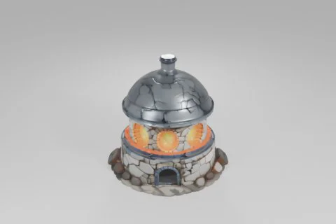 Round stone furnace structure with glowing orange circular windows, cracked 3D model preview