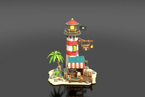 Cartoonish pirate-themed lighthouse called "Lantern Rock" on a tiny tropical 3D model preview
