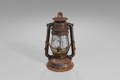Rusty metal lantern with a cracked glass enclosure stands upright, showing 3D model preview