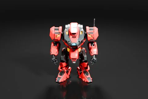 Photograph of a red and black robot-like figure 3D model preview
