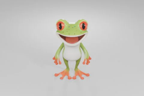 Cheerful cartoon frog with bright orange eyes, green spotted skin, a white 3D model preview