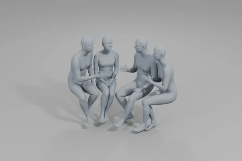 Group of four human figures sitting in a circle, facing each other 3D model preview