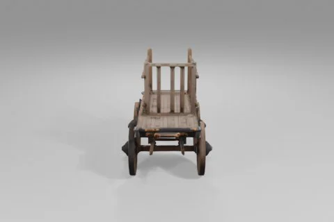 Wooden cart with four large spoked wheels and sturdy planks stands empty 3D model preview