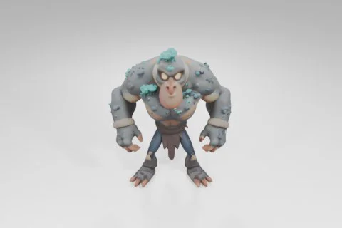 Muscular cartoon monster with glowing orange eyes, rocky skin covered in blue 3D model preview