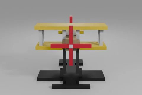 Small yellow and beige biplane with a red propeller and tail fin sits on a 3D model preview