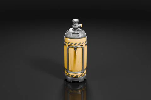 Cylindrical object with a metallic body and a yellow and black striped 3D model preview