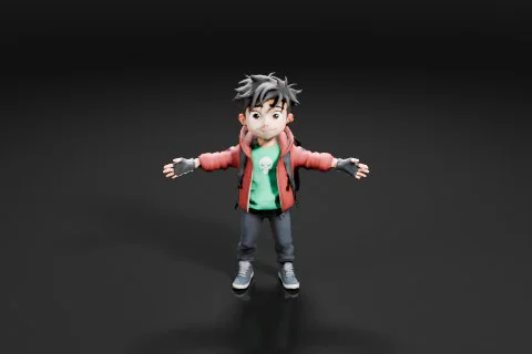 Cartoon character with black hair and a green shirt 3D model preview
