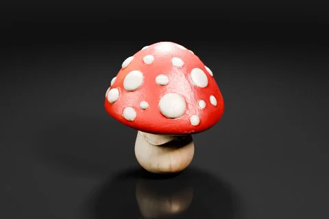 Photograph of a red and white mushroom with white spots on its cap 3D model preview