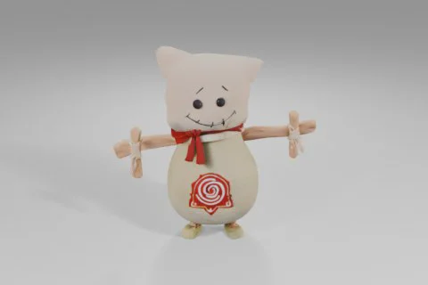 Small fabric doll with a stitched smile, button eyes, red scarf, and wooden 3D model preview
