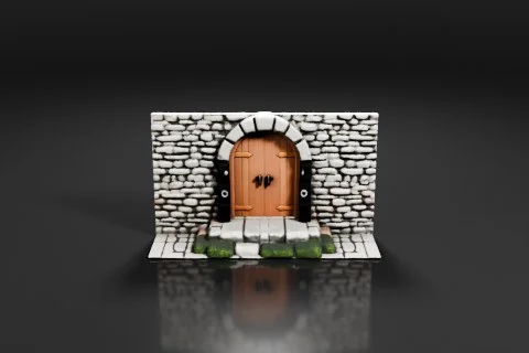 Wooden arched door with iron hinges and a handle is set in a stone frame 3D model preview