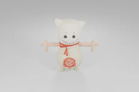 Small fabric doll with a stitched smile, button eyes, red scarf, and wooden 3D model preview