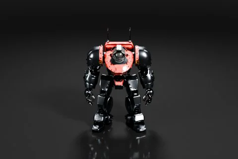 Heavily armored gray and red mech stands facing forward with bulky shoulders 3D model preview