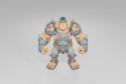 Muscular cartoon warrior stands with a fierce expression, armored in gray 3D model preview