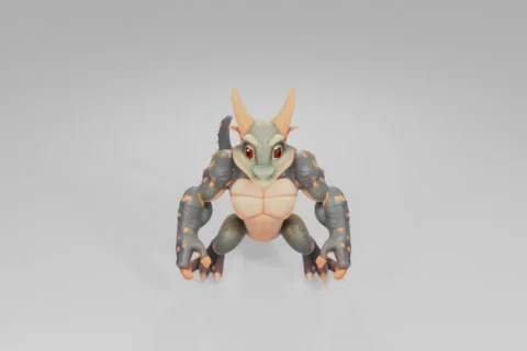 Friendly cartoon dragon with green scaly skin, large orange horns, big 3D model preview