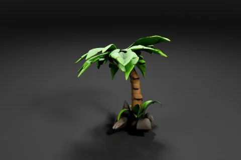 Cartoon-style palm tree with large green leaves, coconuts, and rocks at the base 3D model preview