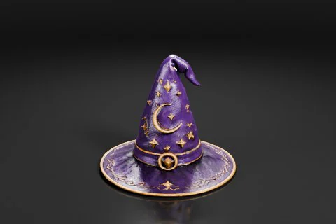 Small, purple witch hat with a pointed brim and a crescent moon on top 3D model preview