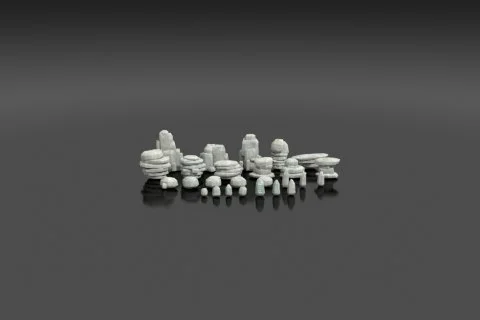 Stylized game rock assets: hand-painted, faceted stone textures, varied boulder 3D model preview