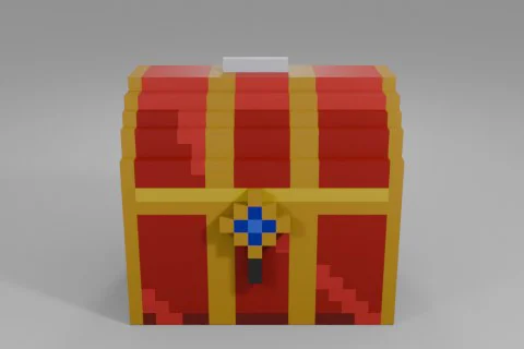 Shiny red treasure chest with a white handle and a blue hexagonal emblem on 3D model preview
