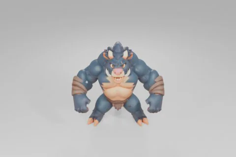 Cartoonish, muscular minotaur creature with dark blue fur, orange accents 3D model preview